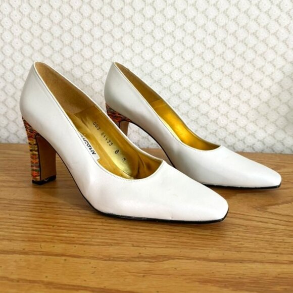 Vtg. Timothy Hitsman White Square Toe Heels - Rainbow Heels Size 8M Rarely Worn - Picture 1 of 7